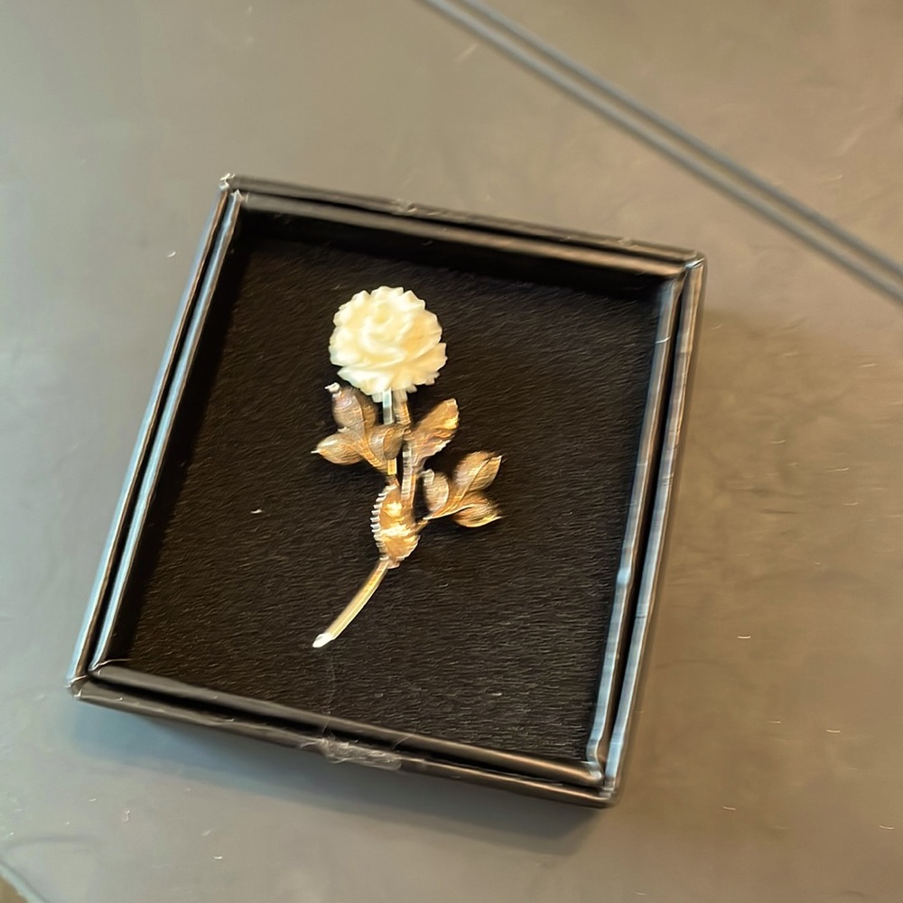Vintage cut ivory lapel pin, 12 k gold filled approx 2” long